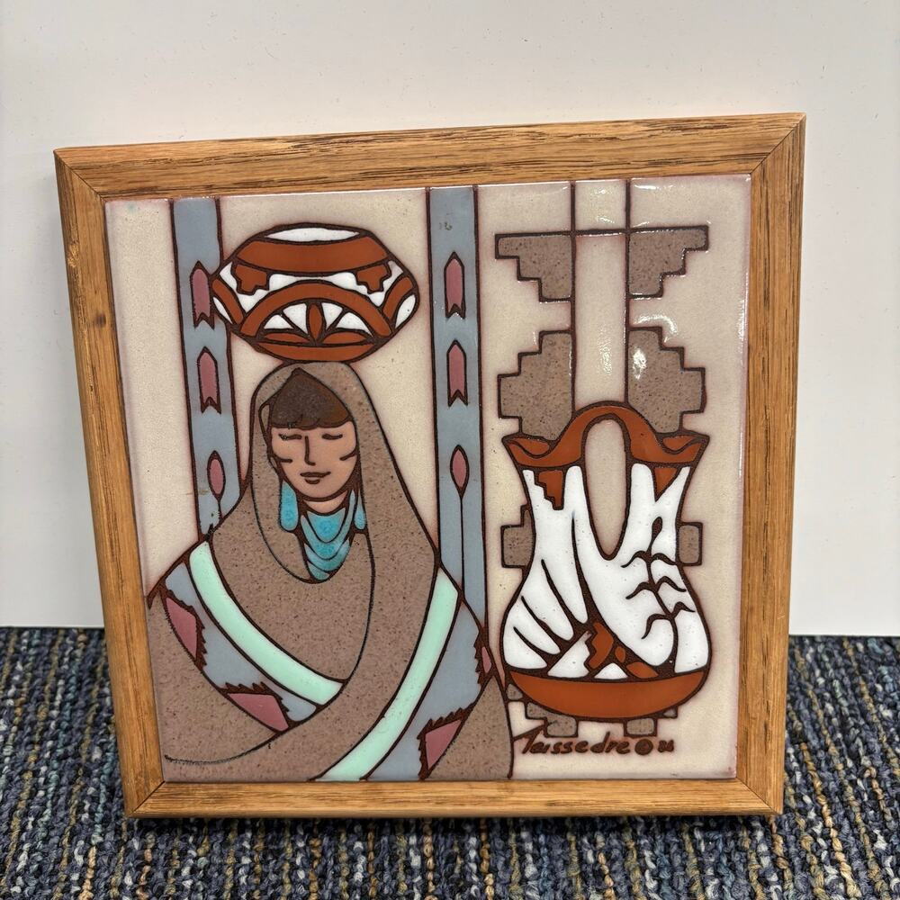 Cleo Teissedre Tile Art Framed Southwest Native Trivet Wall Decor Framed